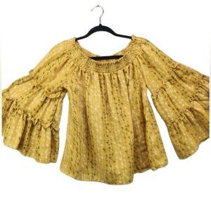 Umgee Yellow Floral Smocked Ruffled Boho Cottagecore Blouse Top